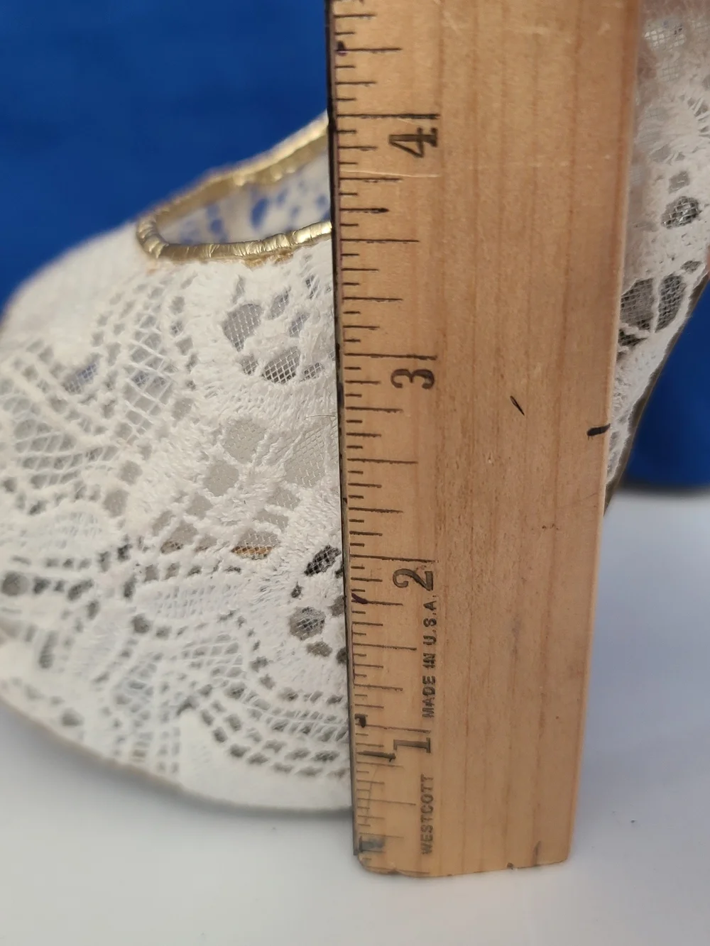 Scene Weaver White Lace Peep-Toe Stiletto Heels with Gold Trim